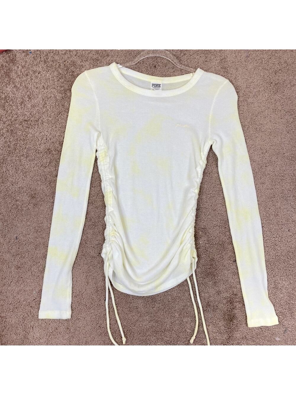 PINK Victoria's Secret Yellow Tie Dye Waffle Knit Tee Long Sleeve Cinched XS